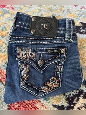 Miss Me Signature Rhinestone Sequin Embroidered Flap Pocket Bootcut Jeans